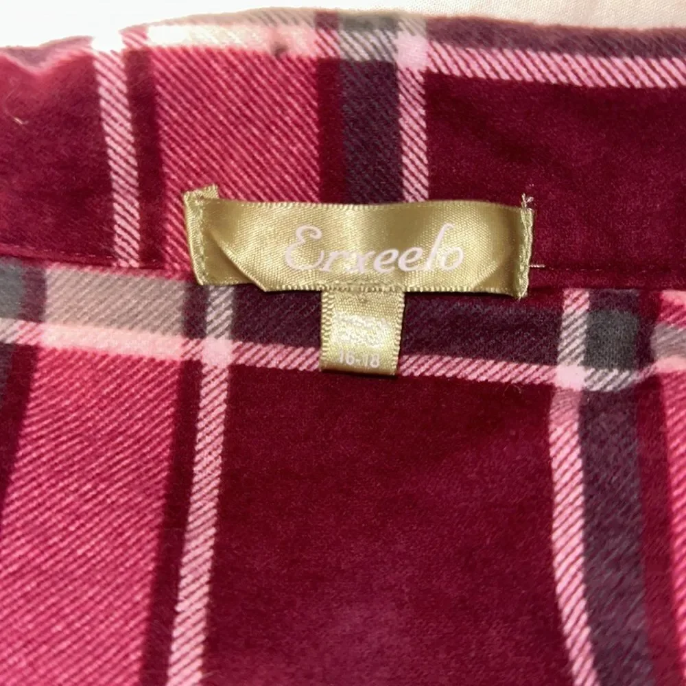 Erxeelo 12-14 Burgundy Pink Plaid Flannel 💯Cotton Pajama Sleep Long Sl Shirt